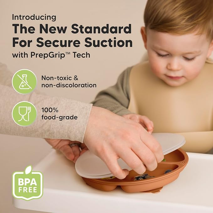 KeaBabies Suction Plates with Lids for Baby - 3-Pack 100% Silicone Toddler Plates with Suction, Divided, BPA-Free Baby Led Weaning Essentials for Kids, Dishwasher, Microwave Safe, Durable (Terracotta)
