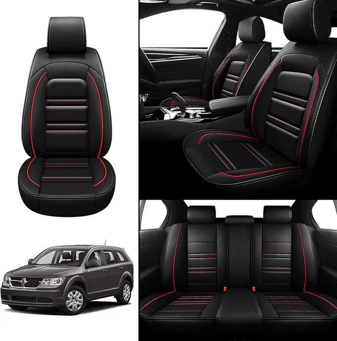 Seat Covers for Dodge Journey 2009-2020 | 5-Seats Leather Seat Covers, Easy to Install Automotive Seat Covers Full Set (Full Set, Black&Red Line)