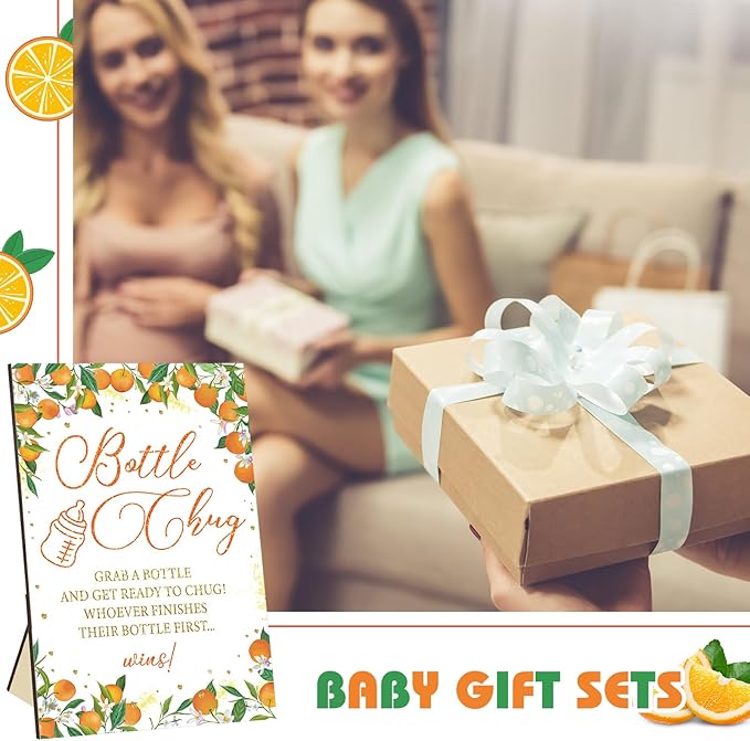 TrelaCo Little Cutie Cool Baby Shower Games Bottle Chug Sign Wooden Orange Theme Gift Sets Gender Reveal Party Favors and 12 Pcs Baby Bottle Shower Favor for Games Gender Reveal