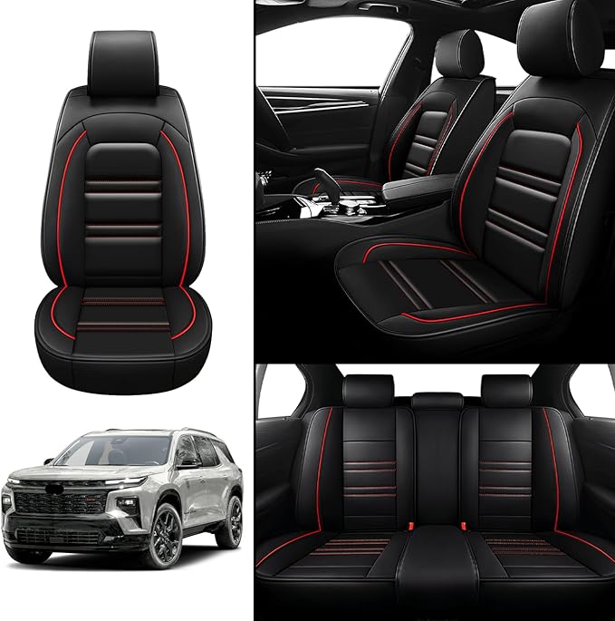 Seat Covers for Chevy Traverse 2009-2025 | 5-Seats Leather Seat Covers, Easy to Install Automotive Seat Covers Full Set (Full Set, Black&Red Line)