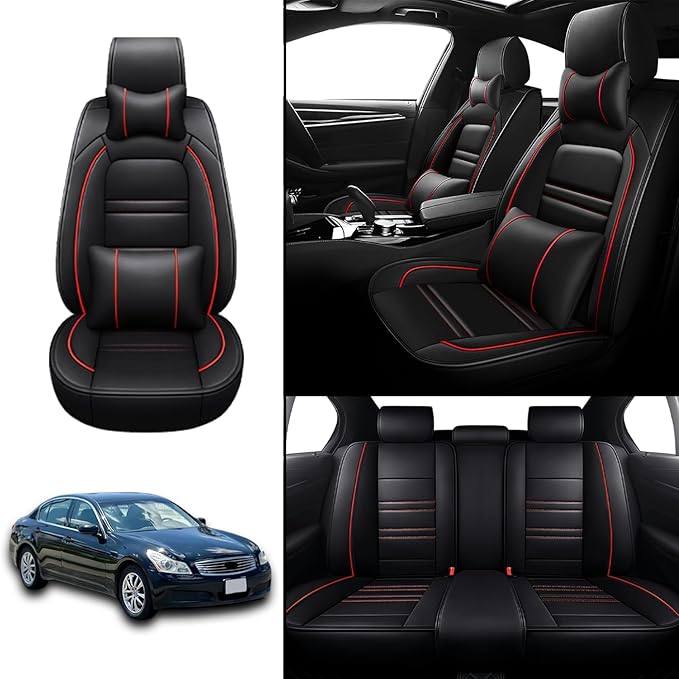Car Seat Covers for Infiniti g35 2003-2008 | 5-Seats Seat Covers, Waterproof Seat Protectors, Automotive Seat Covers (Full Set with Pillow,Black&Red Line)