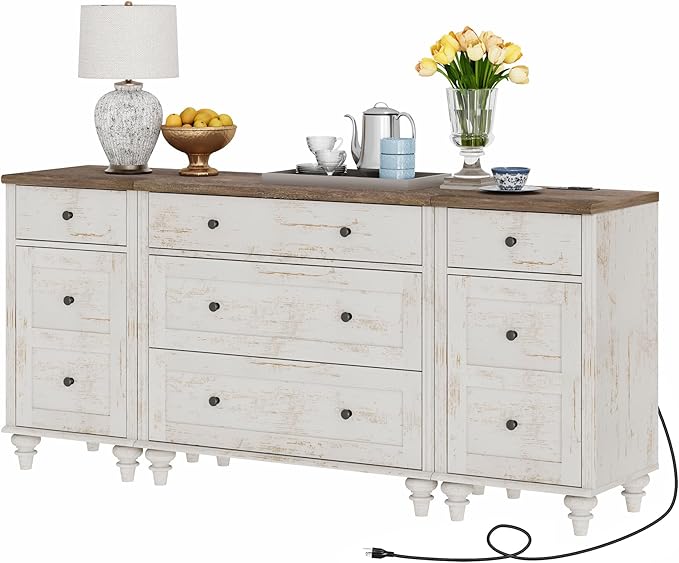 WAMPAT Rustic White Dresser for Kids Bedroom with 5 Drawers and 2 Storage Cabinet, Nightstands with Charging Station for Living Room, Mid Century Modern Baby Dressers with Wide Chest of Drawers
