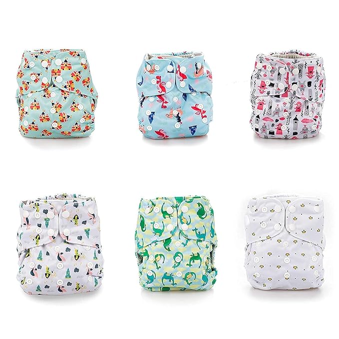 Simple Being Reusable Cloth Diapers, Double Gusset, One Size Adjustable, Washable Soft Absorbent, Waterproof Cover, Eco-Friendly Unisex Baby Girl Boy, six 4-Layers Microfiber Inserts (Knights Dragons)