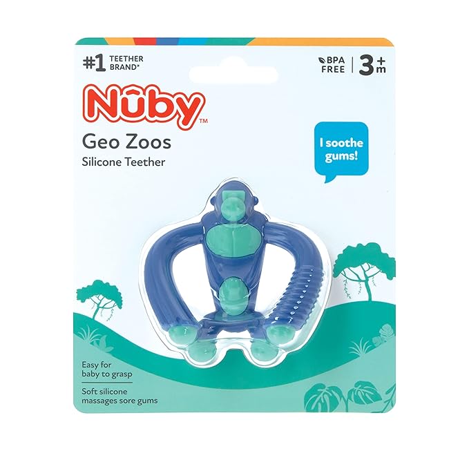 Nuby Geo Zoos Massaging Teether - Baby Teething Toy - Soft Easy Grip - 3+ Months - Blue Gorilla