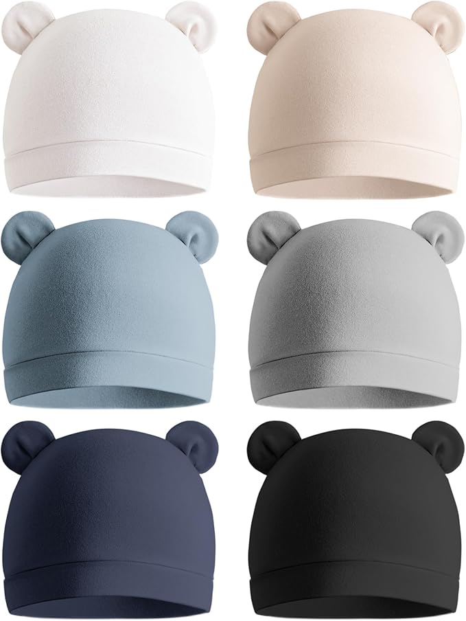Konssy 6-Pack Baby Newborn Hats with Bear Ears Baby Beanie Hats - Soft Caps for Infant Boys & Girls, 0-3 Months