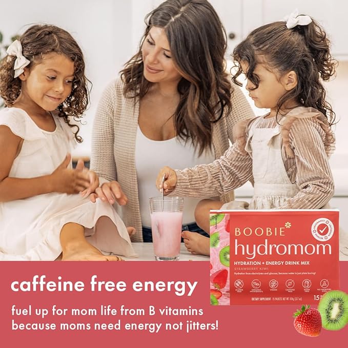 Boobie Hydromom Superfood Electrolyte Drink Mix, Strawberry Kiwi + Blue Raspberry Lemonade | Refreshing Energy, Hydration Boost | On-The-Go Travel Essential for Pregnancy, Lactation, & Beyond - 2 Pack