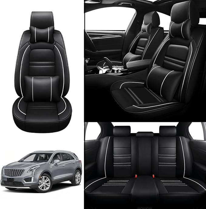 Car Seat Covers for Cadillac xt5 2017-2025 | 5-Seats Seat Covers, Waterproof Seat Protectors, Automotive Seat Covers (Full Set with Pillow,Black&White Line)