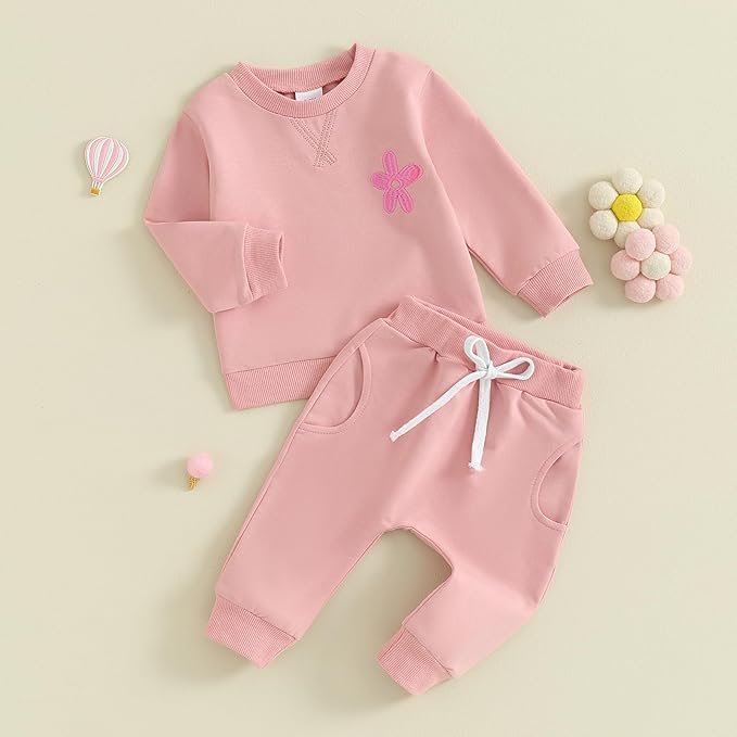 Fernvia Toddler Baby Girl Clothes 3 6 9 12 18 24 Months Fall Outfits Solid Long Sleeve Sweatshirt Tops + Pants Set