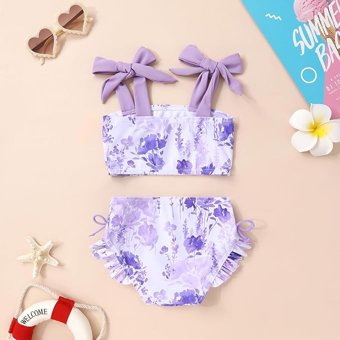 Toddler Swimsuit Girl Color Block Stripe Swimwear Baby Girl Summer Beach Bathing Suits Bikini Set with Ruffled Edges
