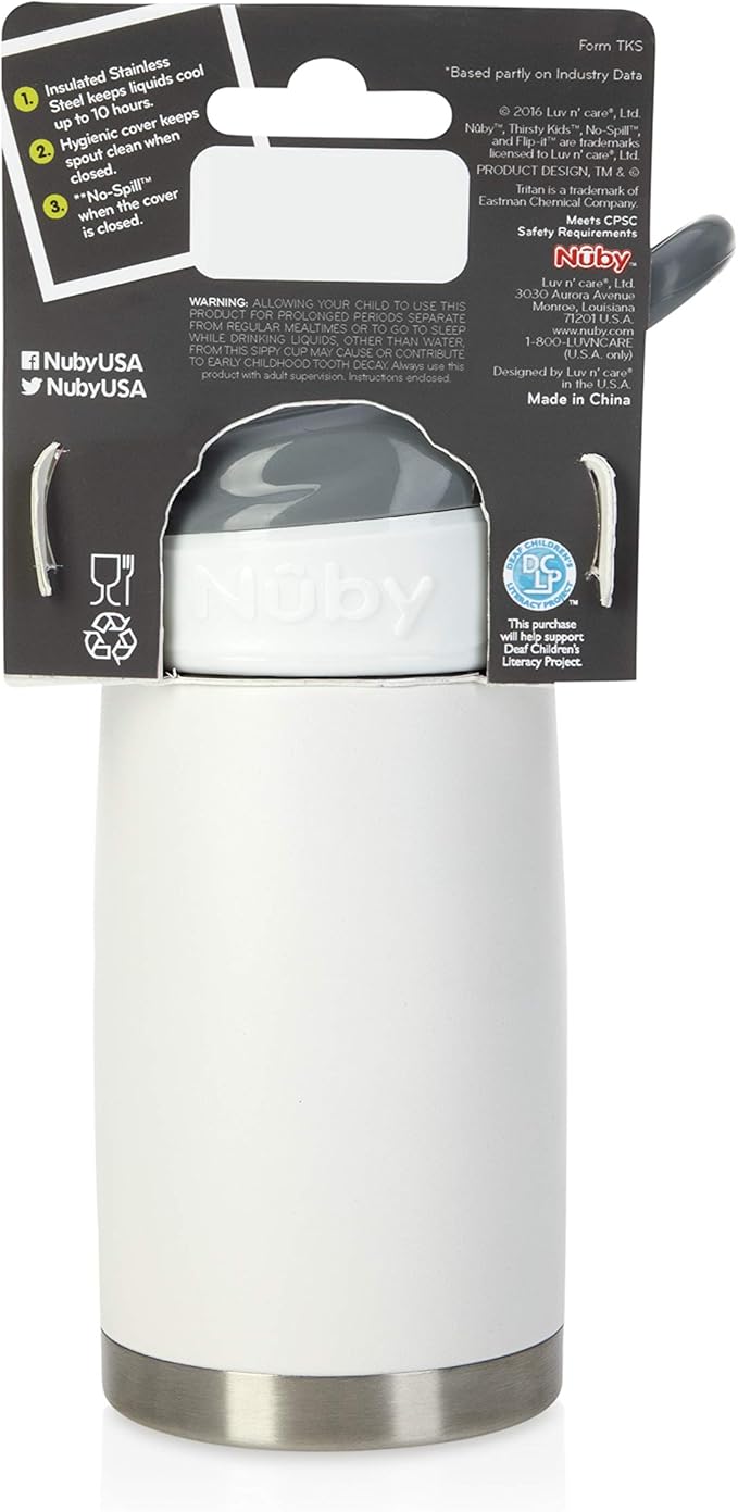 Nuby Thirsty Kids No Spill Flip-It Reflex Stainless Steel Travel Cup or Water Bottle - 10 Oz - 18+ Months - White - Back to School Essentials