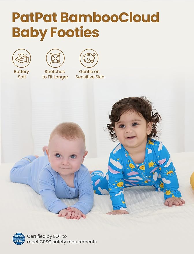 PATPAT Baby Footie Romper with Mittens for Boy and Girl, Anti-Slip & 2-Way Zipper, Long Sleeve, Viscose from Bamboo, Outfit