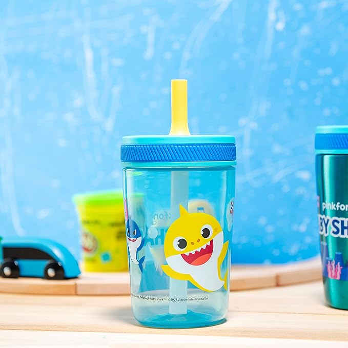 Zak Designs Baby Shark Kelso Tumbler Set, Leak-Proof Screw-On Lid with Straw, Bundle for Kids Includes Plastic and Stainless Steel Cups with Bonus Sipper (3pc Set, Non-BPA) (Pack of 12)