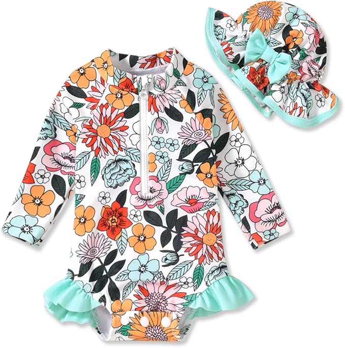 Aalizzwell Baby Girls Long Sleeve One Piece Swimsuit with Hat