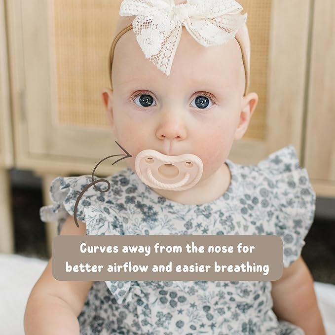 Mila & Lulu Round Silicone Pacifiers (Set of 2) – 100% Food-Grade, One-Piece Design, Soft Round Nipple, Airflow Shield, Multi-Use Pacifier & Teether for Newborns and Infants 0+ Months - Beige/Hazel