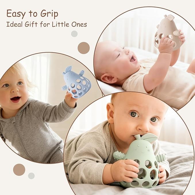 Baby Teething Toy Silicone Teether for Infants, Pear-Shaped Design with Easy-Grip Hole and Nipple-Shaped Ends for Gum Massage & Sensory Development, BPA-Free Safe Baby Chew Toy YIVEKO-Ivory+Sage
