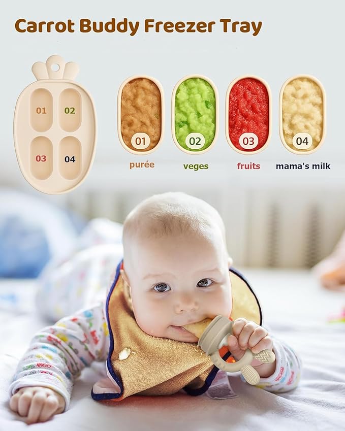 2 Packs Baby Fruit Feeder & Freezer Tray Combo, Push Pop Baby Food Feeder to Safely Introduce New Foods, Fresh & Frozen Food Silicone Feeder, 100% Food Grade, BPA Free