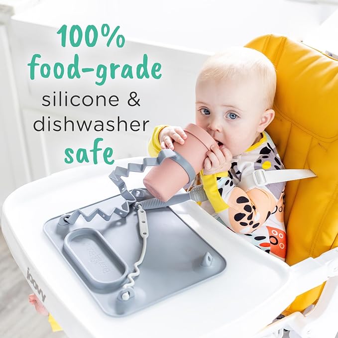 BUSY BABY Silicone Mat Bundle - 1 Original Mat Plus 1 Mini Mat, New Stronger Suction Cups, 6 Straps to Secure Baby Essentials and Keep Them Off The Floor, Baby Led Weaning, Wet Bag Included (Pewter)