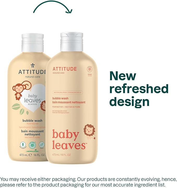 ATTITUDE Bubble Body Wash for Baby, EWG Verified, Dermatologically Tested, Plant and Mineral-Based, Vegan, Pear Nectar, 16 Fl Oz