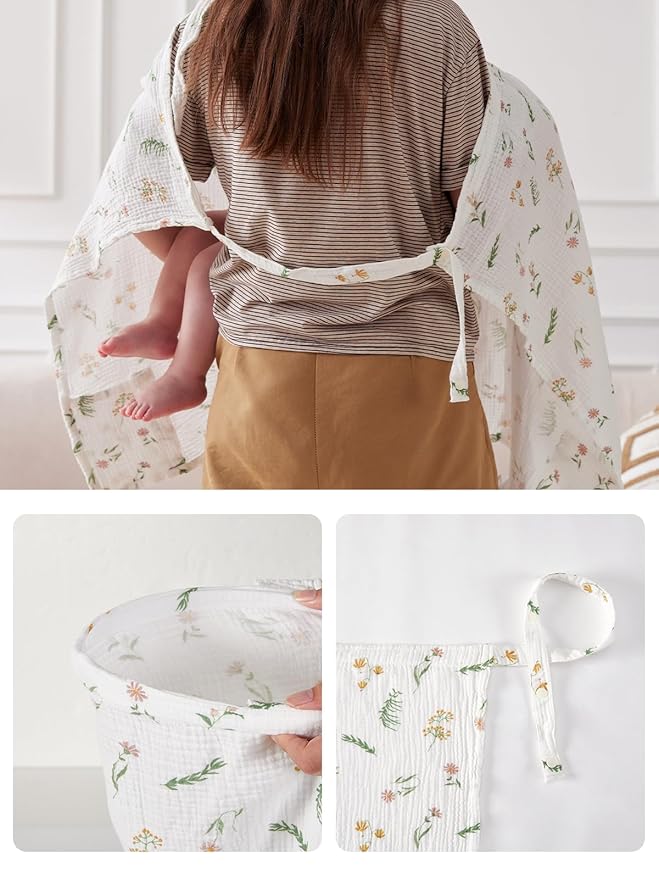 TILLYOU Muslin Nursing Cover for Baby Breastfeeding, 100% Cotton Breathable with Arch Neckline for Women, Daisy