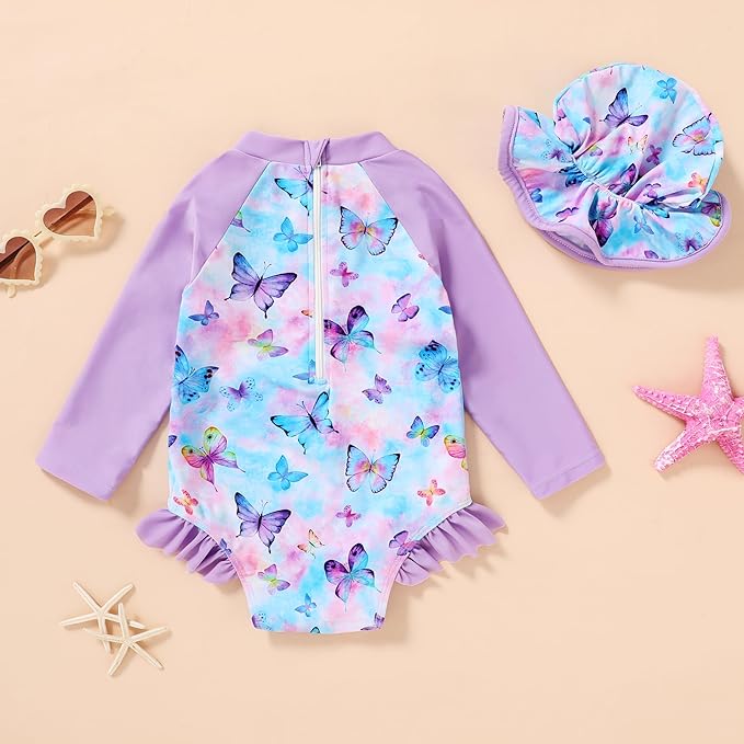 Infant Baby Girl Swimsuit One-Piece Long Sleeve Rash Guard with Hat Set Floral Zipper Bathing Suit Leopard Beach Wear