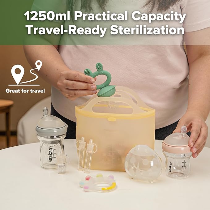 Haakaa On-The-Go Silicone Microwave Steam Sterilizer Bags for Travel, 40oz/1250ml Reusable Silicone Steaming Bags for Baby Bottles, Breast Pump, Accessories, Pacifiers, Teethers, Pineapple/1PC