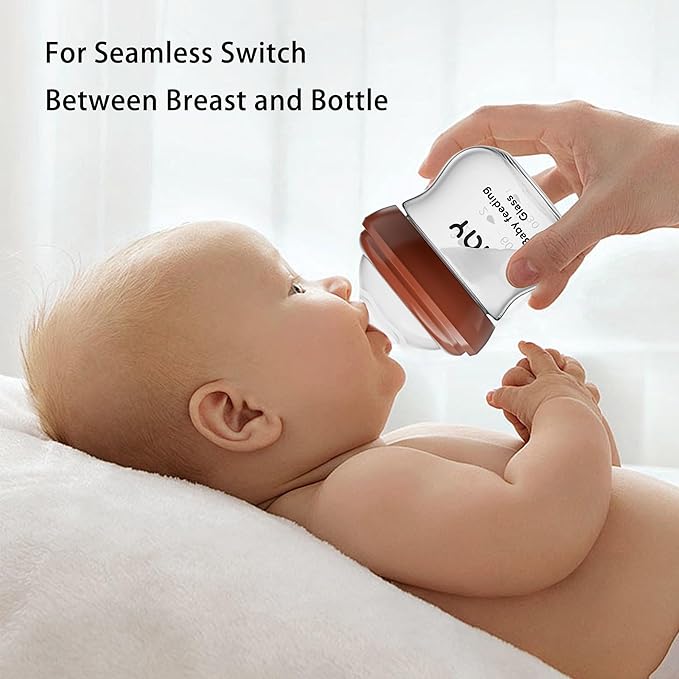 Natural Glass Baby Bottle for Breastfeeding Babies, 3oz Newborn Anti-Colic Baby Bottle with Slow Flow Nipples (SS), Clear, Wide Neck, 4 Pack, 0 Months+