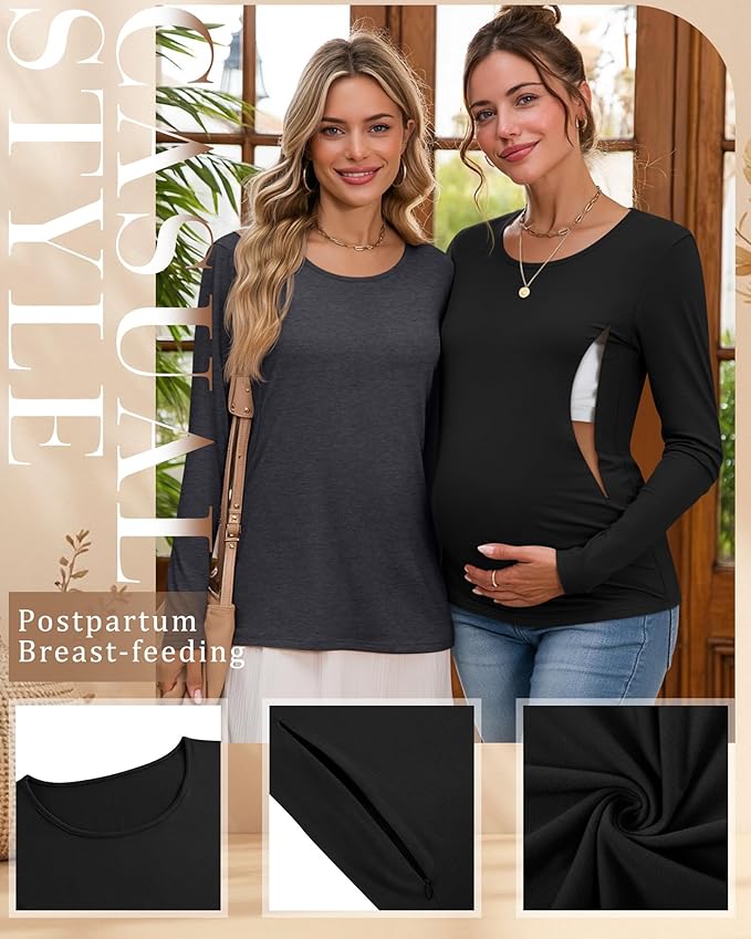 4 Pack Women's Cotton Nursing Tops, Breastfeeding Maternity with Hidden Zippers Crew Neck Long Sleeve Pregnancy Shirts