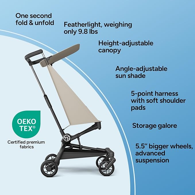 Mompush Jeto Lightweight Travel Stroller – 9.8 lbs Ultra-Compact, One-Hand Fold, Airplane Cabin Approved, All-Terrain Wheels, Smooth Ride for Toddlers, Perfect for Travel & Daily Use