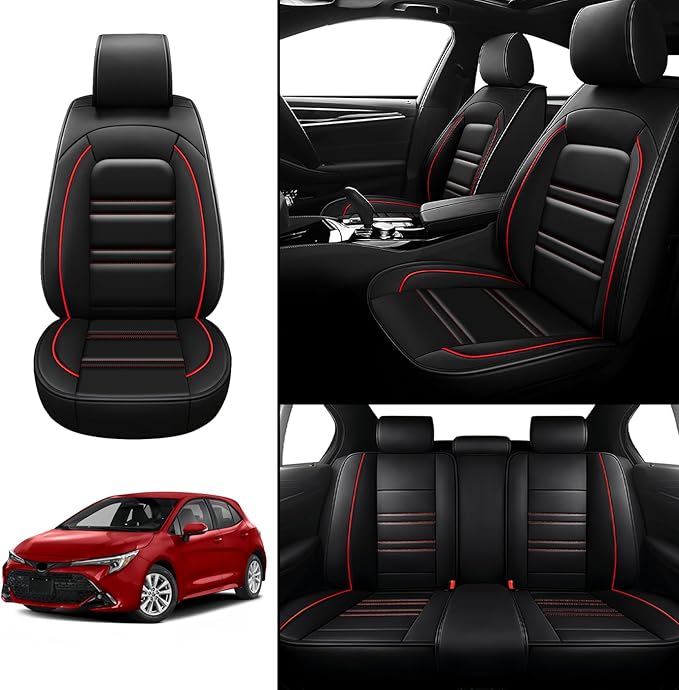 Seat Covers for Toyota Corolla 1997-2025 | 5-Seats Leather Seat Covers, Easy to Install Automotive Seat Covers Full Set (Full Set, Black&Red Line)