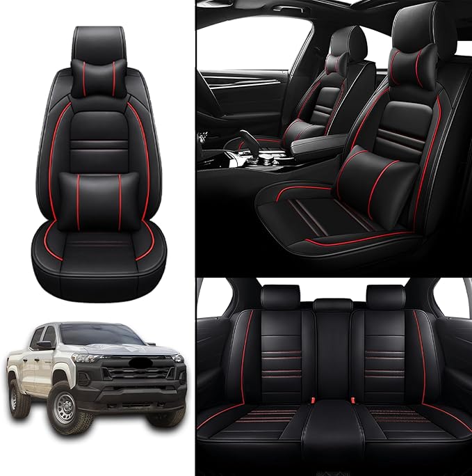 Car Seat Covers for Chevy Colorado 2004-2025 | 5-Seats Seat Covers, Waterproof Seat Protectors, Automotive Seat Covers (Full Set with Pillow,Black&Red Line)