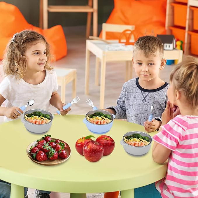 2 Pack Stainless Steel Baby Bowls with Removable Non-Slip Silicone Suction Shell and Lids, Anti Scald Food Container for Baby Food Feeding-Skyblue & Gray