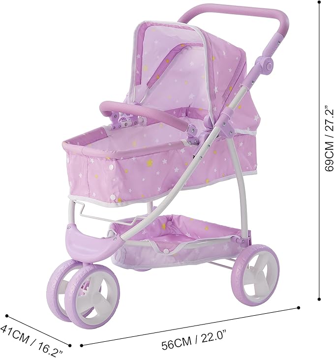 Olivia's Little World - Play Baby Doll Bassinet Stroller for Toddler, Baby Doll Pram Stroller Buggy for 3+ Year Old Girls, Twinkle Stars Princess 2-in-1 Baby Doll Stroller for Kids - Purple