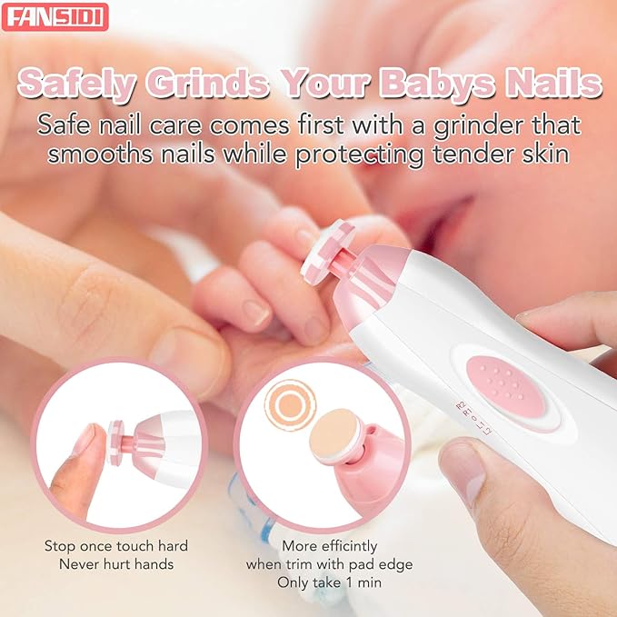 Baby Nail Trimmer Electric, FANSIDI Baby Nail File Infant Nail Clippers with 10 Grinding Pads 8 Sandpapers for Newborn Infant Toddler or Adults Toes Fingernails Care - AA Battery Operated (White/Pink)