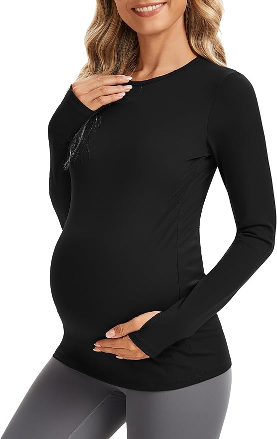 MathCat Maternity Long Sleeve Shirt with Thumbleholes,Pregnancy Casual Tee Blouse Athletic Yoga Workout Tops