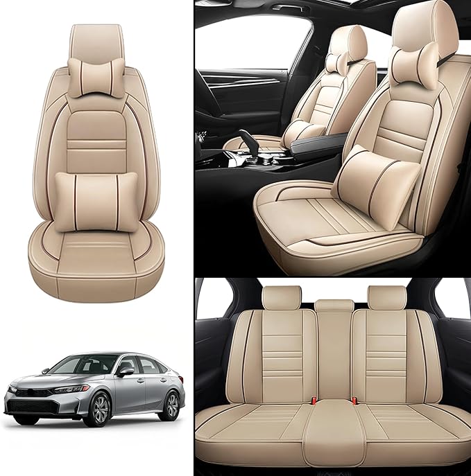 Car Seat Covers for Honda Civic 2001-2025 | 5-Seats Seat Covers, Waterproof Seat Protectors, Automotive Seat Covers (Full Set with Pillow,Beige)