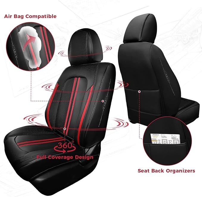 FREESOO Front Seats 2PCS Leather Car Seat Covers, Ultra Breathable Waterproof Seat Covers for Cars Trucks SUV, Carseat Protector Car Seat Cover Fit for Most Vehicles, Black Red Line