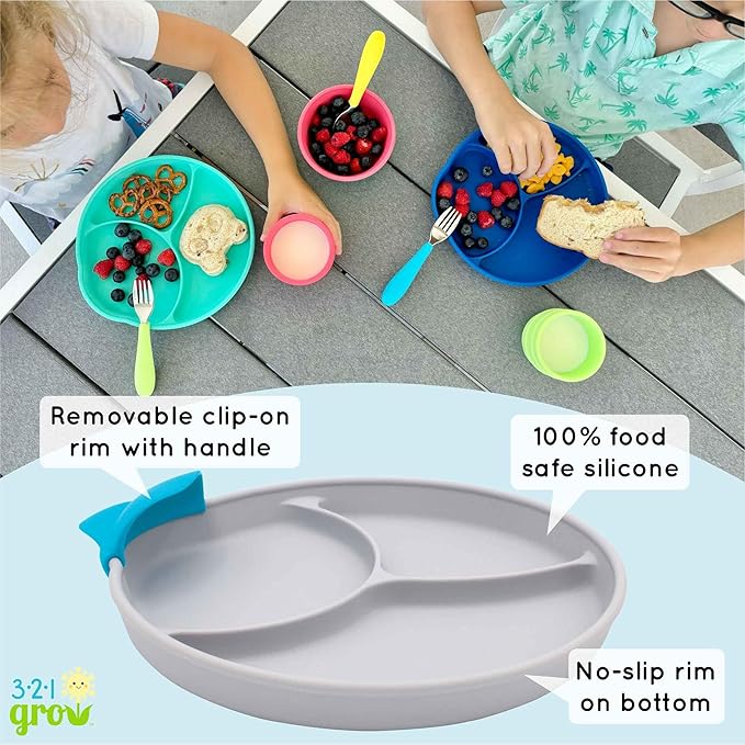 Silicone Easy Scoop & Hold Plate Set - Baby and Toddler Training Plates with Clip-On Rims for Easy Scooping, Self-Feeding and Baby Led Weaning, 6+ months (Ocean)