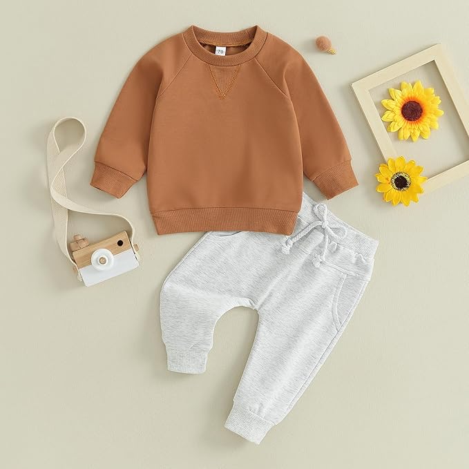 Toddler Baby Boy Clothes Solid Color Long Sleeve Crewneck Sweatshirt Top Casual Pants Set 2Pcs Fall Winter Outfits