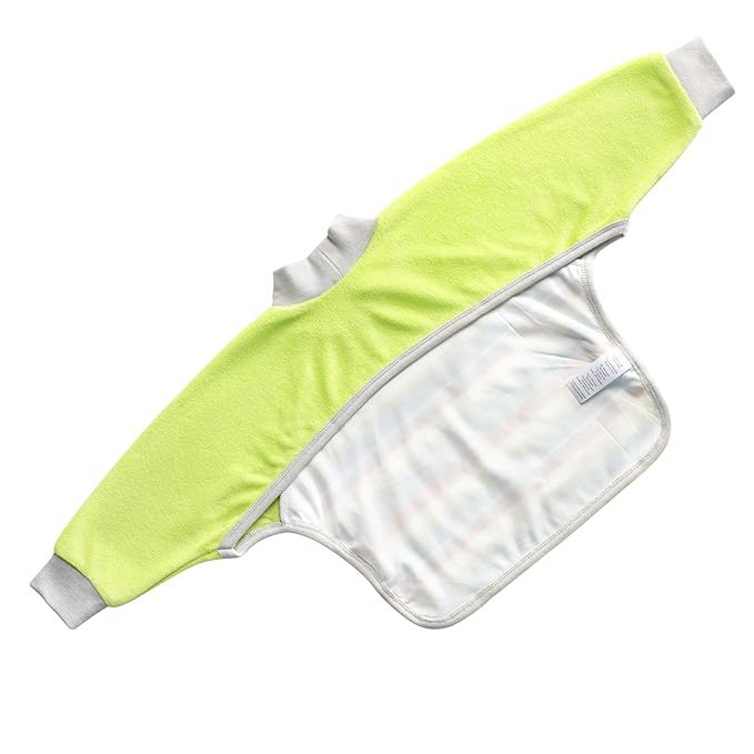 Kiddologic Bibit-all Baby Feeding Bib, Long Sleeves, Ribbed Cuffs, High Collar, Stretchy Pullover Smock, Soft Absorbent Terry, Waterproof Lining, Unisex Toddler 12-36 Months, Fresh Lime (Green) Stripe