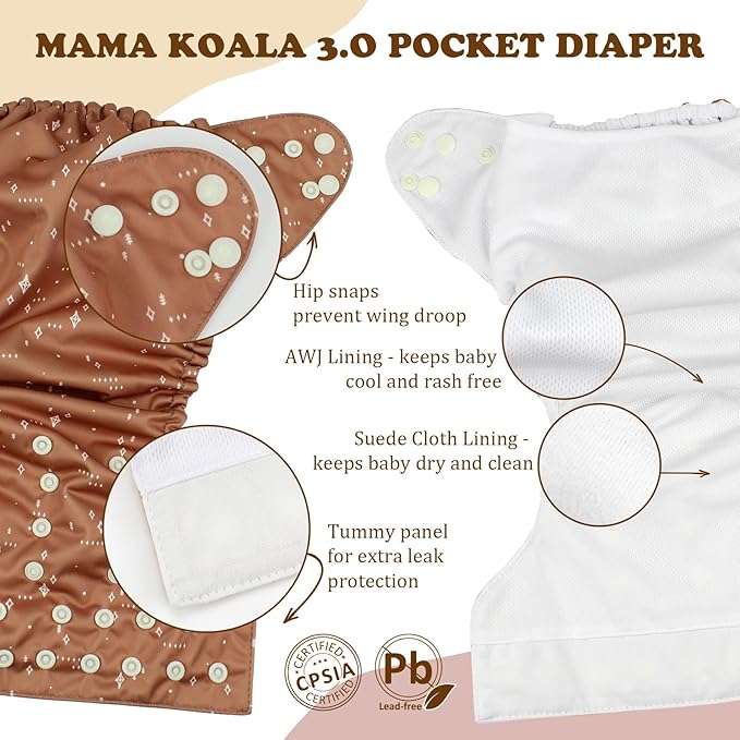 Mama Koala 3.0 Pocket Cloth Diapers for Babies with AWJ Lining, 6 Pack with 6 5-Layer Natural Cloth Diaper Inserts - Reusable and Washable Pocket Diapers(A-Desert Oasis)