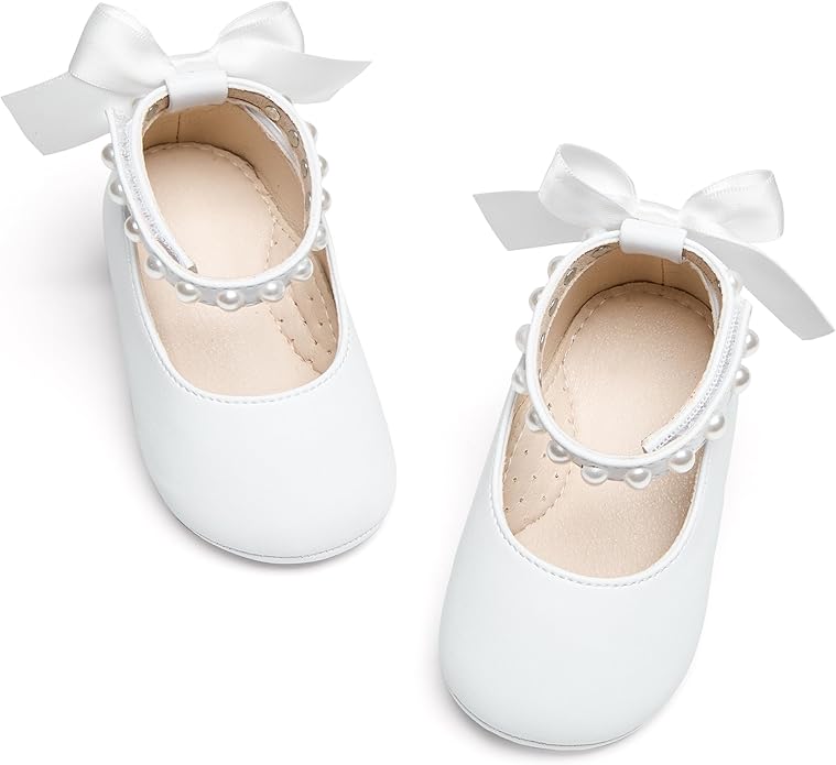 Baby Girls Mary Jane Flats - Infant Newborn Walking Shoes Soft Rubber Sole Princess Wedding