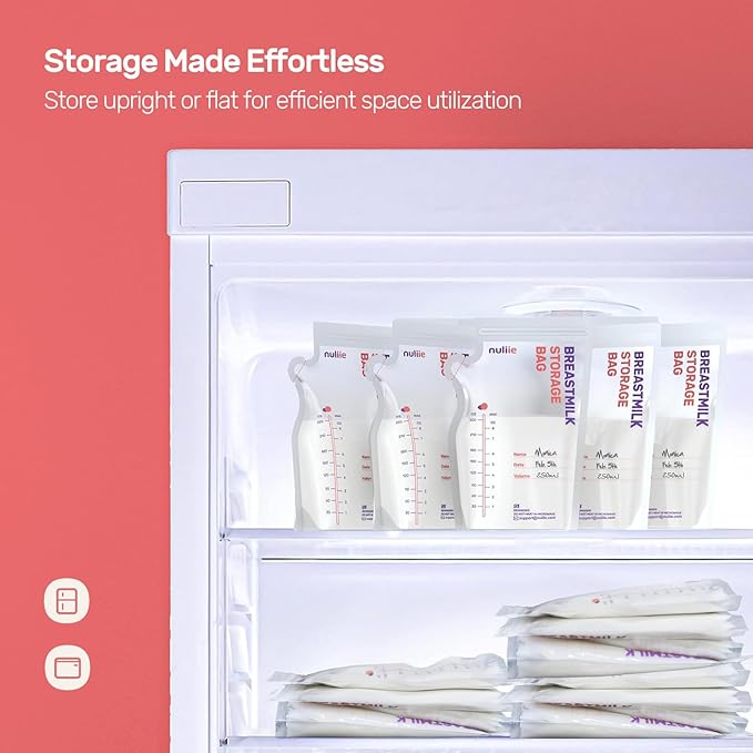 Nuliie 50 Pcs Breastmilk Storage Bags, 8 OZ Breast Milk Storing Bags, BPA-Free, Milk Storage Bags with Pour Spout for Breastfeeding, Self-Standing Bag, Space Saving Flat Profile