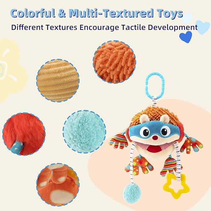 Baby Car Seat Toys Hanging - Sensory Ball Travel Toys for 6 7 8 9 10 11 12 Monthes with Rattle, Teether, Squeaky, Crinkle,Textures, Soft Montessori Plush Toys Newborn Gift Boys Girls Infant Roadtrip