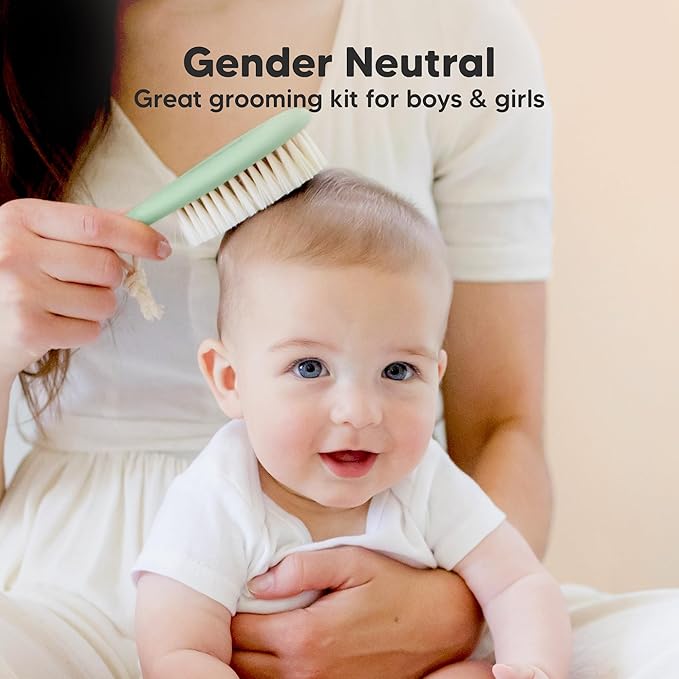Wooden Baby Hair Brush - Cradle Cap Baby Brush with Soft Goat Bristles, Perfect Gentle Scalp Newborn Comb for Infant, Girls, Boys, Bath Essentials (Sage, Oval)