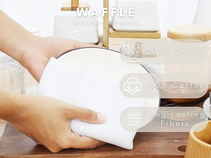 PurpleEssences Waffle Weave Kitchen Towel, 100% Cotton - 15 x 25 Inches, with Hanging Loop Ultra Soft Absorbent Quick Drying Dish Cloth, Tea and Hand Towels, 4 Pack - Fall Thanksgiving - White