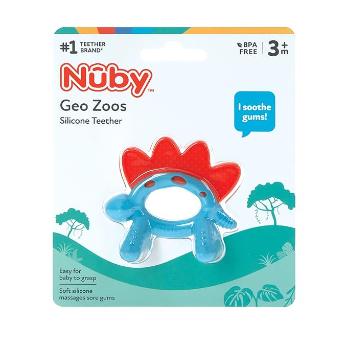 Nuby Geo Zoos Massaging Teether - Baby Teething Toy - Soft Easy Grip - 3+ Months - Dino - Easter Basket Stuffer