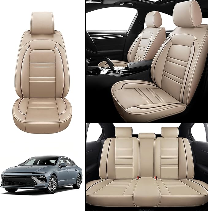Seat Covers for Hyundai Car Sonata 2002-2025 | 5-Seats Leather Seat Covers, Easy to Install Automotive Seat Covers Full Set (Full Set, Beige)