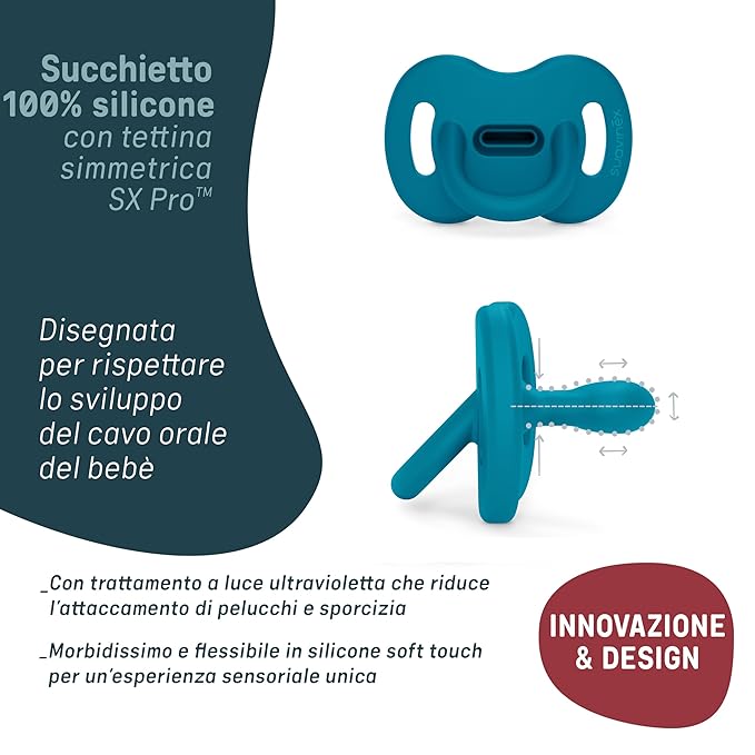 Color Essence SX PRO Silicone Baby Pacifier 1Pk, Made with 100% Soft Silicone, Baby Essentials Perfect for Breastfeeding Babies, Designed in Spain, 0-6 Mths, Blue