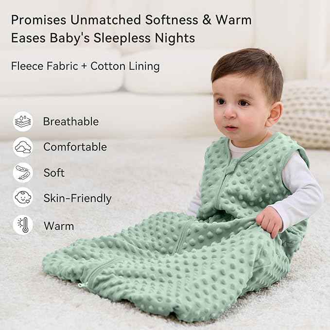 Fleece Baby Sleep Sack 0-6 Months with Plush Dots 1.5 Tog Baby Wearable Blanket with 2-Way Zipper Warm Sleeping Sack for Toddler Infant Newborn - Small, Forest Green