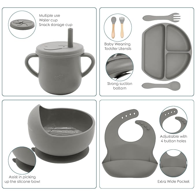 100% Silicone baby feeding set,BPA free Baby dishes set with Suction Bowl Divided Plate,Toddler Self Feeding Dish Set with Spoons Forks Sippy Cup And Bib, Baby Eating Utensils (Light Brown)